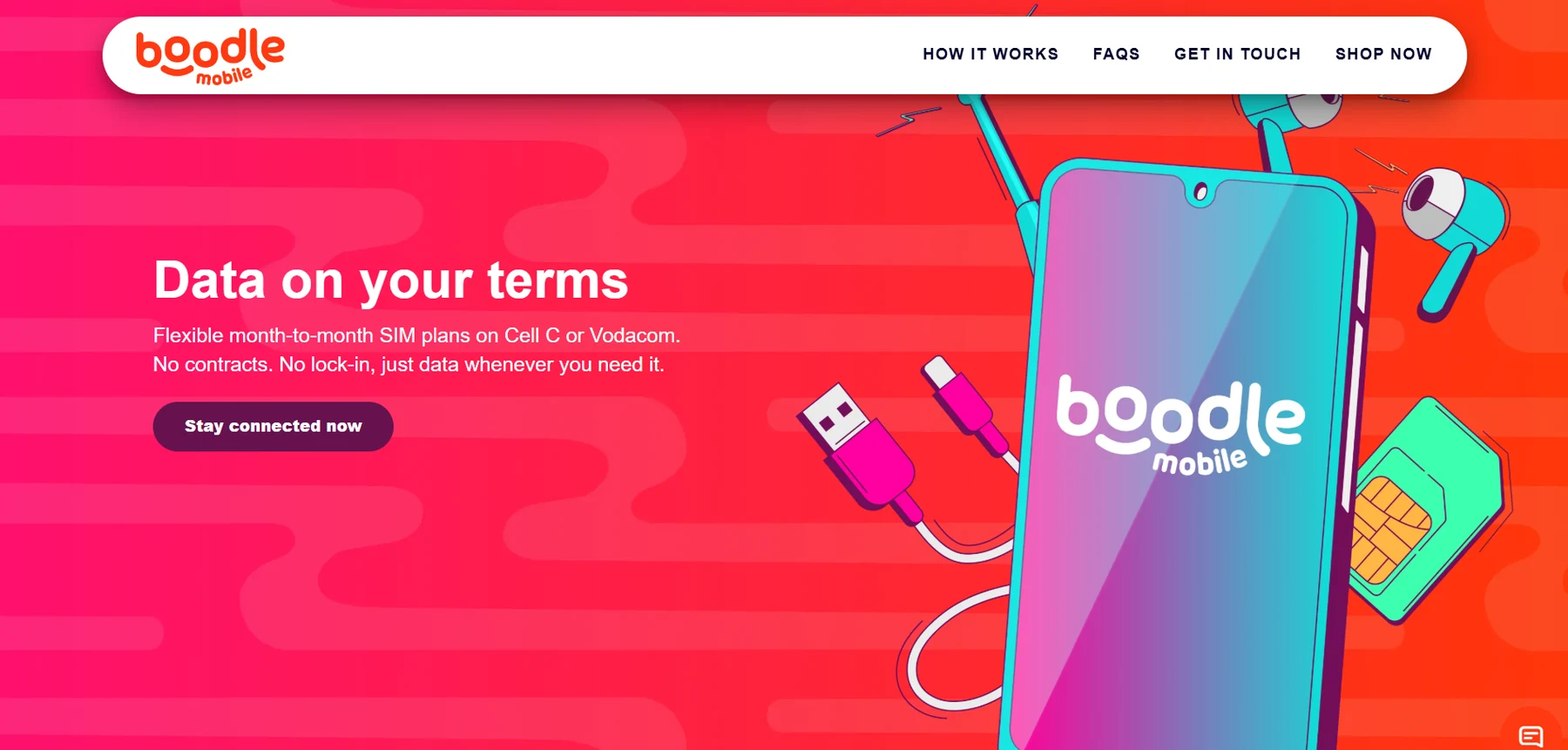Boodle Mobile website design with a vivid pink and orange hero and illustrated phone