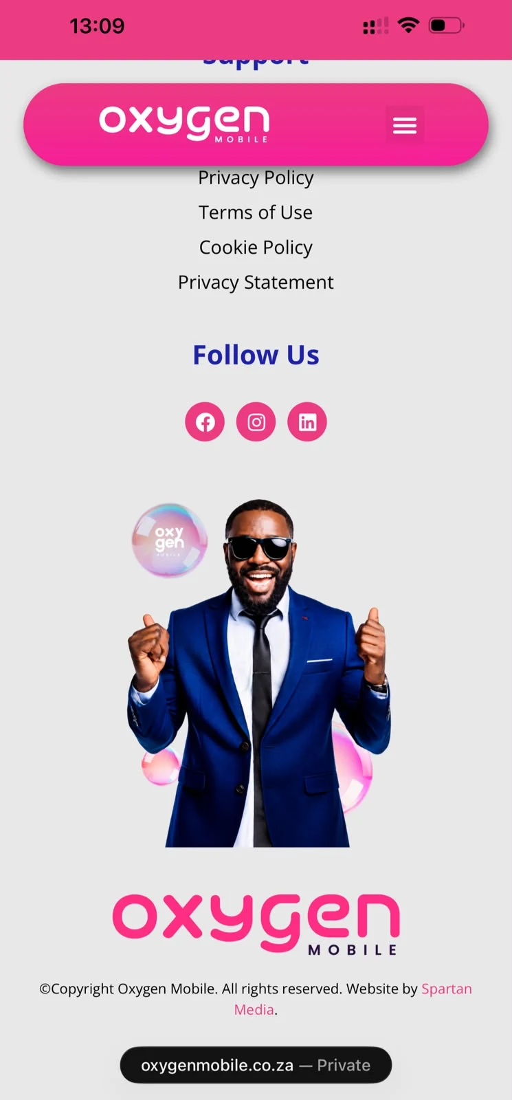 Supplied mobile view of Oxygen Mobile showing its pink branding and Website by Spartan Media credit